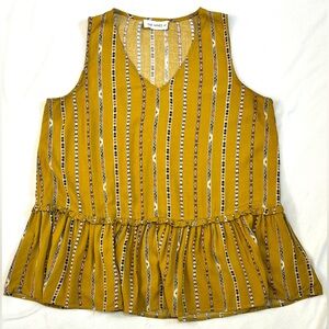 The Nines Women’s Mustard Yellow Striped V-Neck Ruffle Hem Sleeveless Top